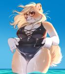  anthro blonde_hair canine clothed clothing eyewear female glasses hair jush mammal outside simple_background smile solo standing swimsuit water wet 