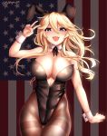 absurdres america american_flag animal_ears bangs bare_shoulders black_legwear black_leotard blonde_hair blue_eyes blush breasts bunny_day bunny_ears bunny_girl bunnysuit cleavage commentary danielle_brindle detached_collar english_commentary eyebrows_visible_through_hair fang flag_background groin hair_between_eyes highres iowa_(kantai_collection) kantai_collection large_breasts leotard long_hair looking_at_viewer open_mouth pantyhose sidelocks smile solo star star-shaped_pupils symbol-shaped_pupils thighband_pantyhose thighs v wrist_cuffs 