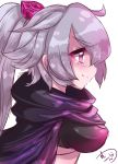  bad_id bad_pixiv_id bangs blush breasts cape character_request closed_mouth commentary_request eyebrows_visible_through_hair from_side hair_between_eyes hair_ornament high_ponytail highres large_breasts long_hair looking_away muuran ponytail profile purple_cape purple_eyes shironeko_project signature silver_hair simple_background sketch smile solo very_long_hair white_background 