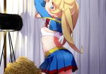  arched_back back bangs blonde_hair blue_eyes blue_shirt blue_skirt blush bra breasts cheerleader cowboy_shot crossed_arms curtains eyebrows_visible_through_hair eyelashes hayashi_keita highres kiratto_pri_chan lifted_by_self long_sleeves looking_back moegi_emo pom_poms pretty_(series) shirt shirt_lift skirt small_breasts solo sports_bra sweat twintails underwear undressing white_bra 