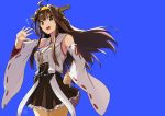  ahoge artist_name bare_shoulders blue_background breasts brown_eyes brown_hair commentary_request hair_between_eyes hand_on_hip kantai_collection kongou_(kantai_collection) long_hair looking_at_viewer medium_breasts nontraditional_miko remodel_(kantai_collection) skirt smile solo tea_(nakenashi) wide_sleeves 