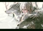  animal bare_tree breath closed_mouth cold day from_side grey_hair hair_between_eyes highres letterboxed medium_hair orange_eyes original outdoors silver_hair simple_background smoke snow sonomura tree winter_clothes wolf yellow_eyes 