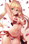  aestus_estus ahoge arm_up armpits ass_visible_through_thighs bikini blonde_hair breasts cleavage criss-cross_halter earrings eyebrows_visible_through_hair fate/grand_order fate_(series) green_eyes hair_intakes halterneck highres jewelry large_breasts motokonut navel nero_claudius_(fate)_(all) nero_claudius_(swimsuit_caster)_(fate) petals side-tie_bikini smile solo striped striped_bikini swimsuit thigh_gap twintails 