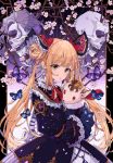  animal bangs black_dress blonde_hair blush bow brown_eyes bug butterfly commentary_request double_bun dress eyebrows_visible_through_hair flower gold_trim hair_bow head_tilt highres insect long_hair long_sleeves looking_at_viewer luna_(shadowverse) object_hug osanai parted_lips pink_flower red_neckwear shadowverse side_bun sidelocks skull solo stuffed_animal stuffed_toy tree_branch twintails very_long_hair 