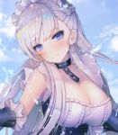  apron azur_lane bangs belfast_(azur_lane) blue_eyes blue_sky blush braid breasts chain choker cleavage close-up closed_mouth cloud day dress elbow_gloves eyebrows_visible_through_hair floating_hair french_braid frilled_gloves frilled_sleeves frills gloves hanato_(seonoaiko) head_tilt highres large_breasts long_hair looking_at_viewer maid maid_headdress outdoors shiny shiny_skin sidelocks silver_hair sky smile solo sparkle splashing water water_drop white_gloves 
