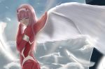  angel_wings aqua_eyes awu bodysuit closed_mouth darling_in_the_franxx eyebrows_visible_through_hair eyeshadow feathers from_side green_eyes hairband horns long_hair looking_at_viewer makeup pink_hair red_bodysuit single_wing sky smile solo standing white_hairband white_wings wings zero_two_(darling_in_the_franxx) 
