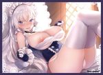  artist_name azur_lane bangs belfast_(azur_lane) blush braid breasts cleavage eyebrows_visible_through_hair frill_trim gloves indoors large_breasts long_hair looking_at_viewer lying maid_headdress nipple_slip nipples on_back panties purple_eyes side-tie_panties side_braid smile solo string_panties sunlight thighhighs underbust underwear untied untied_panties white_hair white_legwear white_panties window yaman 