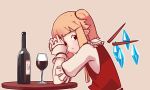  alcohol blonde_hair bottle brown_eyes commentary cup drinking_glass flandre_scarlet highres looking_at_viewer pointy_ears short_hair short_ponytail side_ponytail sitting solo table touhou wine wine_bottle wine_glass yoruny 