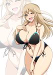  ;d bangs bare_arms bare_shoulders bikini black_bikini black_ribbon blush breasts cleavage collarbone cowboy_shot eyebrows_visible_through_hair front-tie_bikini front-tie_top girls_und_panzer girls_und_panzer_ribbon_no_musha hand_on_own_chest highres koujun_(mugenzero) large_breasts leaning_forward long_hair matsukaze_rin navel nose_blush one_eye_closed open_mouth ribbon shiny shiny_hair shiny_skin side-tie_bikini simple_background smile solo standing stomach swimsuit thighs very_long_hair white_background 