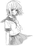  closed_mouth greyscale looking_at_viewer monochrome neckerchief original pleated_skirt sailor_collar school_uniform serafuku short_hair short_sleeves simple_background skirt smile solo sonomura standing white_background 