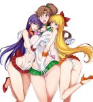  aino_minako ass back_bow bishoujo_senshi_sailor_moon blonde_hair blush bow breast_grab breasts brown_eyes brown_hair choker commentary_request covering covering_crotch earrings elbow_gloves girl_sandwich gloves grabbing green_choker green_sailor_collar green_skirt hair_bobbles hair_ornament hair_ribbon high_heels highres hino_rei inner_senshi isao jewelry kino_makoto looking_at_viewer multiple_girls naughty_face open_mouth orange_choker orange_sailor_collar orange_skirt purple_hair red_choker red_ribbon red_sailor_collar red_skirt ribbon sailor_collar sailor_jupiter sailor_mars sailor_senshi sailor_senshi_uniform sailor_venus sandwiched shiny shiny_skin simple_background skirt standing star star_earrings tongue tongue_out white_background white_gloves 