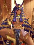  absurdres animal_ears blonde_hair boots bracelet breasts commentary_request dark_skin egyptian egyptian_clothes facepaint facial_mark fate/grand_order fate_(series) hairband hieroglyphics highres jackal_ears jewelry loincloth long_hair magician_(china) md5_mismatch multicolored_hair navel nitocris_(fate/grand_order) purple_eyes purple_hair smile solo staff thighlet two-tone_hair underboob very_long_hair 