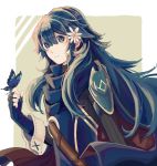 blue_eyes blue_hair bug butterfly cape fingerless_gloves fire_emblem fire_emblem:_kakusei gloves insect long_hair looking_at_viewer lucina moriya_(sorairo717) simple_background smile solo tiara 