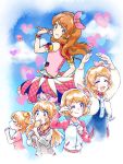  age_progression aikatsu! aikatsu!_(series) arms_up bow brown_hair closed_eyes commentary_request duck_hair_ornament flower hair_bow heart highres holding idol long_hair looking_at_viewer one_eye_closed oozora_akari open_mouth puffy_short_sleeves puffy_sleeves school_uniform short_hair short_sleeves sleeveless smile sparkle tearing_up uruchi_kome 
