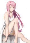  absurdres aqua_eyes bangs bare_legs bare_shoulders commentary_request darling_in_the_franxx dress eyebrows_visible_through_hair highres horns liudaohai6001 long_hair pink_hair revision sitting solo sundress zero_two_(darling_in_the_franxx) 