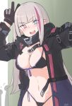  :d arms_up bangs bikini black_bikini black_coat black_gloves blue_eyes blunt_bangs blush boca breasts bright_pupils buckle cleavage coat commentary cowboy_shot eyebrows_visible_through_hair front-tie_bikini front-tie_top girls_frontline gloves grey_hair half-closed_eyes head_tilt heterochromia highleg highleg_bikini long_hair long_sleeves looking_at_viewer mdr_(girls_frontline) medium_breasts multicolored_hair navel open_clothes open_coat open_mouth outstretched_arm pink_eyes pink_hair reaching_out round_teeth self_shot side-tie_bikini sidelocks signature silhouette smile solo_focus standing stomach strap streaked_hair string_bikini swimsuit teeth two-tone_hair v v-shaped_eyebrows white_pupils 