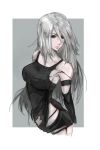  android armlet bad_id bad_pixiv_id black_gloves black_shorts commentary elbow_gloves gloves highres mole mole_under_mouth nier_(series) nier_automata nvalkyrja robot_joints short_shorts shorts silver_hair tank_top yorha_type_a_no._2 