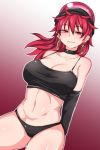  arm_at_side bangs bare_shoulders black_gloves black_panties breasts choker cleavage closed_mouth cowboy_shot earrings eyebrows_visible_through_hair gloves gradient gradient_background hecatia_lapislazuli hoop_earrings jewelry kuroba_rapid large_breasts light_smile long_hair looking_at_viewer navel panties polos_crown red_eyes red_hair shiny shiny_hair solo spaghetti_strap touhou underwear 