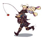  armor blonde_hair bow brother_and_sister carrying closed_eyes costume drill_hair elise_(fire_emblem_if) fire_emblem fire_emblem_if fishing_rod gauntlets gloves hair_bow horse laughing leon_(fire_emblem_if) running shoulder_carry siblings simple_background smile tomato white_background 