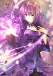  bangs breasts cleavage dress fate/grand_order fate_(series) fur_trim hair_between_eyes headpiece highres iroha_(shiki) jewelry long_hair open_mouth pantyhose purple_background purple_dress purple_hair red_eyes runes scathach_(fate)_(all) scathach_skadi_(fate/grand_order) solo tiara wand wide_sleeves 