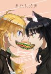  absurdres ahoge animal_ears bia_(bun18) black_hair blake_belladonna blonde_hair bread cat_ears cheese commentary_request food food_in_mouth highres lettuce multiple_girls purple_eyes rwby sandwich shared_food sliced_cheese sliced_meat tomato yang_xiao_long yellow_eyes yuri 