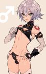  :p bandaged_arm bandages belt black_gloves black_panties bulge cowboy_shot crossdressing erection facial_scar fate/grand_order fate_(series) fingerless_gloves genderswap genderswap_(ftm) gloves green_eyes highres jack_the_ripper_(fate/apocrypha) male_focus mars_symbol navel nipples otoko_no_ko panties penis penis_in_panties scar short_hair silver_hair simple_background solo string_panties tank_top tattoo testicles tongue tongue_out tubumi underwear 