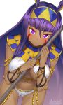  animal_ears artist_name blush bracelet breasts commentary_request dark_skin egyptian egyptian_clothes facepaint facial_mark fate/grand_order fate_(series) frown hairband highres jackal_ears jewelry long_hair looking_at_viewer marshall_(wahooo) navel nitocris_(fate/grand_order) purple_eyes purple_hair solo staff underboob very_long_hair 