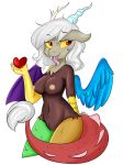  &lt;3 anthro areola big_breasts blue_feathers breasts crossgender discord_(mlp) draconequus feathered_wings feathers female friendship_is_magic hand_behind_back hi_res horn jovalic membranous_wings mismatched_wings my_little_pony nipples nude pussy simple_background solo standing tongue tongue_out white_background wings 