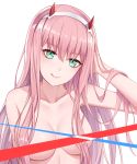  :q ain_(3990473) arm_up blush breasts breasts_apart censored closed_mouth collarbone darling_in_the_franxx eyebrows_visible_through_hair hairband hand_in_hair highres horns licking_lips long_hair medium_breasts naughty_face nude pink_hair shiny shiny_hair simple_background solo straight_hair tongue tongue_out tsurime upper_body very_long_hair white_background white_hairband zero_two_(darling_in_the_franxx) 