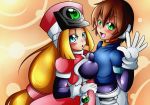  2girls aile asymmetrical_docking bangs blonde_hair blush bodystocking breasts breasts_press brown_hair cap coat eyebrows_visible_through_hair gloves green_eyes hair_between_eyes hat long_hair looking_at_viewer looking_to_the_side low-tied_long_hair multiple_girls open_mouth prairie rockman rockman_zx semikichi short_hair sidelocks smile very_long_hair waving white_gloves 