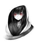  black_hair blending chinese_commentary closed_mouth commentary_request eyebrows_visible_through_hair hood hood_up kangetsu_(fhalei) looking_at_viewer onmyoji red_eyes signature simple_background solo spot_color upper_body white_background xixue_ji 