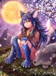  absurdres animal animal_ear_fluff animal_ears bangs bare_shoulders blue_hair chain claws closed_mouth commentary_request eyebrows_visible_through_hair fenrir_(shingeki_no_bahamut) flower full_moon granblue_fantasy hair_between_eyes hand_on_own_knee highres long_hair looking_at_viewer monster_girl moon outdoors paws petals red_eyes shadowverse shingeki_no_bahamut sitting smile solo sukemyon tail very_long_hair white_flower wolf wolf_ears wolf_girl wolf_tail 