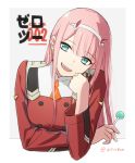  aqua_eyes candy character_name darling_in_the_franxx food hairband horns long_hair long_sleeves open_mouth pink_hair smile solo teeth toma_(norishio) twitter_username uniform upper_body white_hairband zero_two_(darling_in_the_franxx) 