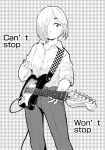  breast_pocket closed_mouth collared_shirt commentary contrapposto cowboy_shot ear_piercing earrings electric_guitar english english_commentary greyscale guitar hair_over_one_eye highres holding holding_instrument ignacio_penailillo instrument jewelry looking_at_viewer monochrome original pants piercing plectrum pocket shirt short_hair sleeves_rolled_up solo standing wing_collar 