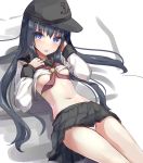  :o akatsuki_(kantai_collection) bangs black_hair black_skirt blush breasts dress_shirt eyebrows_visible_through_hair flat_cap hair_between_eyes hat kantai_collection long_hair long_sleeves looking_at_viewer naked_shirt navel neckerchief no_bra open_mouth panties pink_panties pleated_skirt purple_eyes remodel_(kantai_collection) school_uniform serafuku shirt skirt small_breasts solo tenrai underwear 