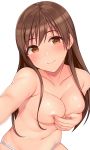  blush breast_squeeze breasts brown_eyes brown_hair collarbone covering covering_breasts eyebrows_visible_through_hair head_tilt hiiragi_hajime idolmaster idolmaster_cinderella_girls long_hair looking_at_viewer nail_polish navel nitta_minami outstretched_arm panties pink_nails reaching_out self_shot simple_background solo stomach straight_hair topless underwear underwear_only upper_body white_background white_panties 