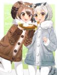  :d :o background_text bad_id bad_pixiv_id bird_tail black_hair blonde_hair blush brown_coat brown_eyes brown_hair coat cowboy_shot curry curry_rice eurasian_eagle_owl_(kemono_friends) eyebrows_visible_through_hair fang food green_background grey_coat highres holding holding_plate holding_spoon kemono_friends leaning_forward leg_up long_sleeves multicolored_hair multiple_girls northern_white-faced_owl_(kemono_friends) open_mouth orange_eyes outside_border pantyhose plate pocket rice round_eyewear short_hair short_twintails smile sparkle spoon standing standing_on_one_leg steam streaked_hair tareme tomato_omurice_melon twintails v-shaped_eyebrows white_hair white_legwear 