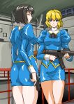  2girls 90s agent_aika black_hair black_neckwear blonde_hair blue_delmo blue_eyes blue_jacket blue_skirt breasts closed_mouth cravat delmo dress erect_nipples erect_nipples_under_clothes gun hands_up holding holding_weapon indoors juliet_sleeves legs looking_at_viewer looking_back mamesi-ii medium_breasts multiple_girls pencil_skirt pixiv shiny short_hair skin_tight skirt smile thighs uniform weapon 