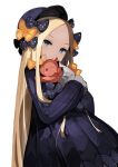  abigail_williams_(fate/grand_order) andrian_gilang bangs black_dress blonde_hair blue_eyes bow commentary_request dress fate/grand_order fate_(series) highres holding holding_stuffed_animal key long_hair orange_bow parted_bangs polka_dot polka_dot_bow simple_background sleeves_past_wrists solo stuffed_animal stuffed_toy teddy_bear white_background 