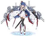  armpits arms_behind_head arms_up azur_lane blue_hair boots breasts cannon detached_sleeves full_body glowing glowing_eyes heterochromia horns ibuki_(azur_lane) large_breasts long_hair looking_at_viewer maya_g official_art solo sword thighhighs transparent_background water weapon world_of_warships 