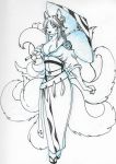  breasts canine cleavage clothed clothing female flower flower_in_hair footwear fox james_ferry japanese_clothing kimono machine mammal multi_tail parasol plant robot sandals solo tassles torn_clothing 