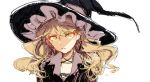  alternate_costume blonde_hair commentary_request earrings eyes hat jewelry kirisame_marisa long_hair looking_at_viewer older orange_eyes serious signature solo souta_(karasu_no_ouchi) touhou upper_body white_background witch_hat yellow_eyes 