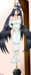  1girl albedo ball black_hair bound_arms bound_legs death demon_girl dress hanging horns noose overlord_(maruyama) rope saliva tagme tied very_long_hair white_dress wings 