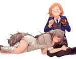  animal_ears blue_neckwear blush brown_eyes brown_hair closed_eyes dog_ears dog_tail gloves hair_between_eyes lap_pillow long_hair moonexplorers multiple_girls necktie original partly_fingerless_gloves short_braid short_hair single_glove sitting sleeping sweatdrop tail vest waves white_background yokozuwari yuri 