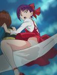  1girl bow brown_hair cloud dress gegege_no_kitarou hair_bow haruyama_kazunori kitarou legs nekomusume nekomusume_(gegege_no_kitarou_6) open_mouth panties pointy_ears purple_hair red_bow red_dress short_hair sitting sly underwear white_panties yellow_eyes 