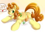  2013 anus blush carrot carrot_dildo carrot_top_(mlp) cutie_mark dialogue dock earth_pony english_text equine female feral food food_play freedomthai friendship_is_magic green_eyes hair horse improvised_dildo improvised_sex_toy looking_at_viewer looking_back lying mammal my_little_pony on_front one_eye_closed orange_hair pony pussy pussy_juice raised_tail rear_view simple_background smile solo text vegetable wink 