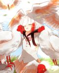  1girl bangs bird_tail bird_wings black_hair blush commentary_request eyebrows_visible_through_hair eyes_closed fur_collar head_wings japanese_crested_ibis japanese_crested_ibis_(kemono_friends) kemono_friends moeki_(moeki0329) multicolored_hair neck_ribbon nest nuzzle pleated_skirt red_hair ribbon short_hair sidelocks skirt white_hair wings 