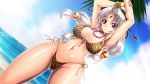  1girl armpits arms_up bare_arms bare_legs bare_shoulders beach bikini breasts closed_mouth forehead_mark game_cg gluteal_fold grey_hair groin highres large_breasts legs long_hair looking_at_viewer low-tied_long_hair navel necklace ocean original outdoors palm_tree pearl_necklace pink_eyes print_bikini ryofu_housen_(sangoku_hime) sangoku_hime sangoku_hime_2 shiny shiny_skin silver_hair sky solo standing thighs tiger_print twintails unicorn-a water 