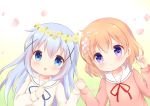  :o alternate_costume blue_eyes blue_hair blush chatsune_(white_lolita) closed_mouth eye_contact flower flower_wreath gochuumon_wa_usagi_desu_ka? hair_flower hair_ornament head_wreath holding_hands hoto_cocoa hoto_cocoa's_school_uniform interlocked_fingers kafuu_chino light_brown_hair long_hair long_sleeves looking_at_another looking_to_the_side matching_outfit multiple_girls petals pink_flower pink_shirt purple_eyes sailor_collar school_uniform serafuku shirt smile very_long_hair white_sailor_collar white_shirt yellow_flower 