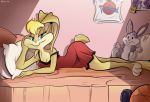  andrea_boscolo barefoot basketball bedroom_eyes blue_eyes bugs_bunny clothing half-closed_eyes laying_in_bed lingerie lola_bunny looking_at_viewer looney_tunes off_shoulder pillow plushie poster relaxing seductive space_jam warner_brothers 